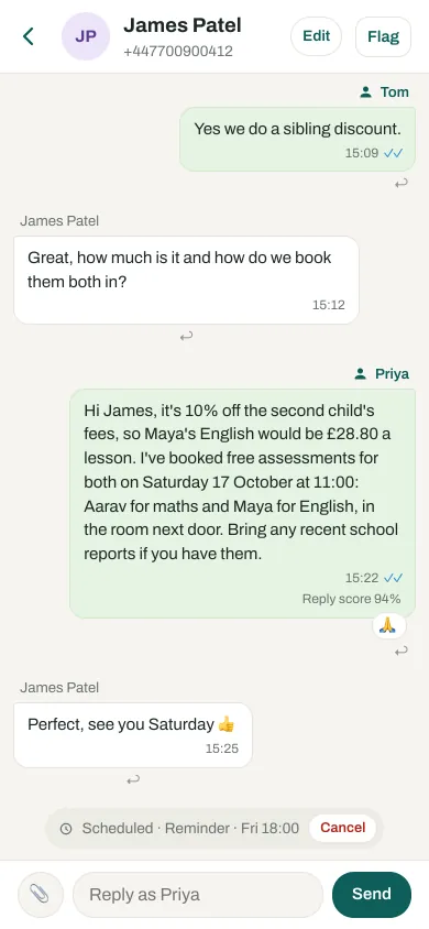 One chat on a phone, seen by a member of staff: her own reply carries its 94% score, and a scheduled reminder for Friday at 18:00 can be cancelled.
