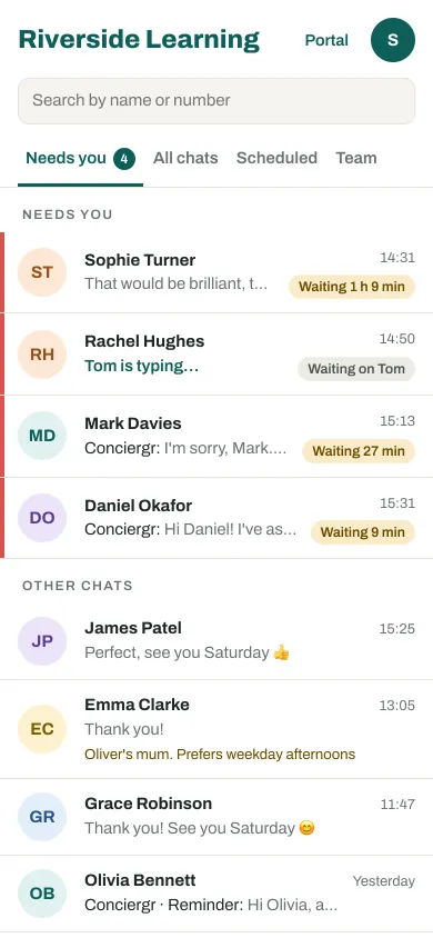 The Team Inbox on a phone: the chats that need a person at the top, each with how long it has waited, and the other chats below.